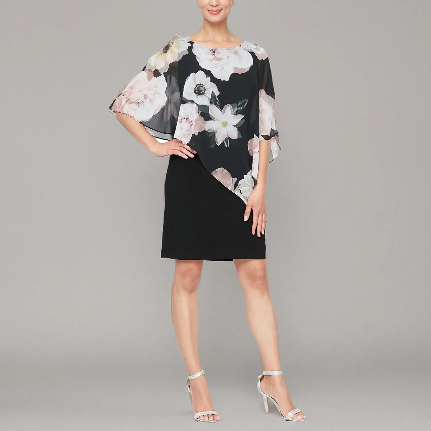 S.L. Fashions Women's Sleeveless Sheath Cape Dress with Chiffon Overlay