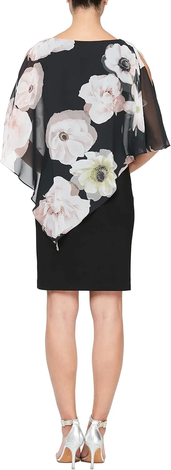 S.L. Fashions Women's Sleeveless Sheath Cape Dress with Chiffon Overlay