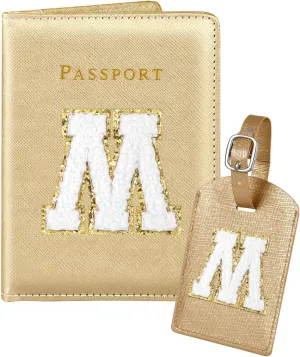 Slohif Passport Holder Initial Lugguage Tag Set Suitcase Cover Wallet Case for Travel Women - Leather Letter Passport Book Personalized Organizer Card Protector Sleeve Essentials Slim Carrier Gold M