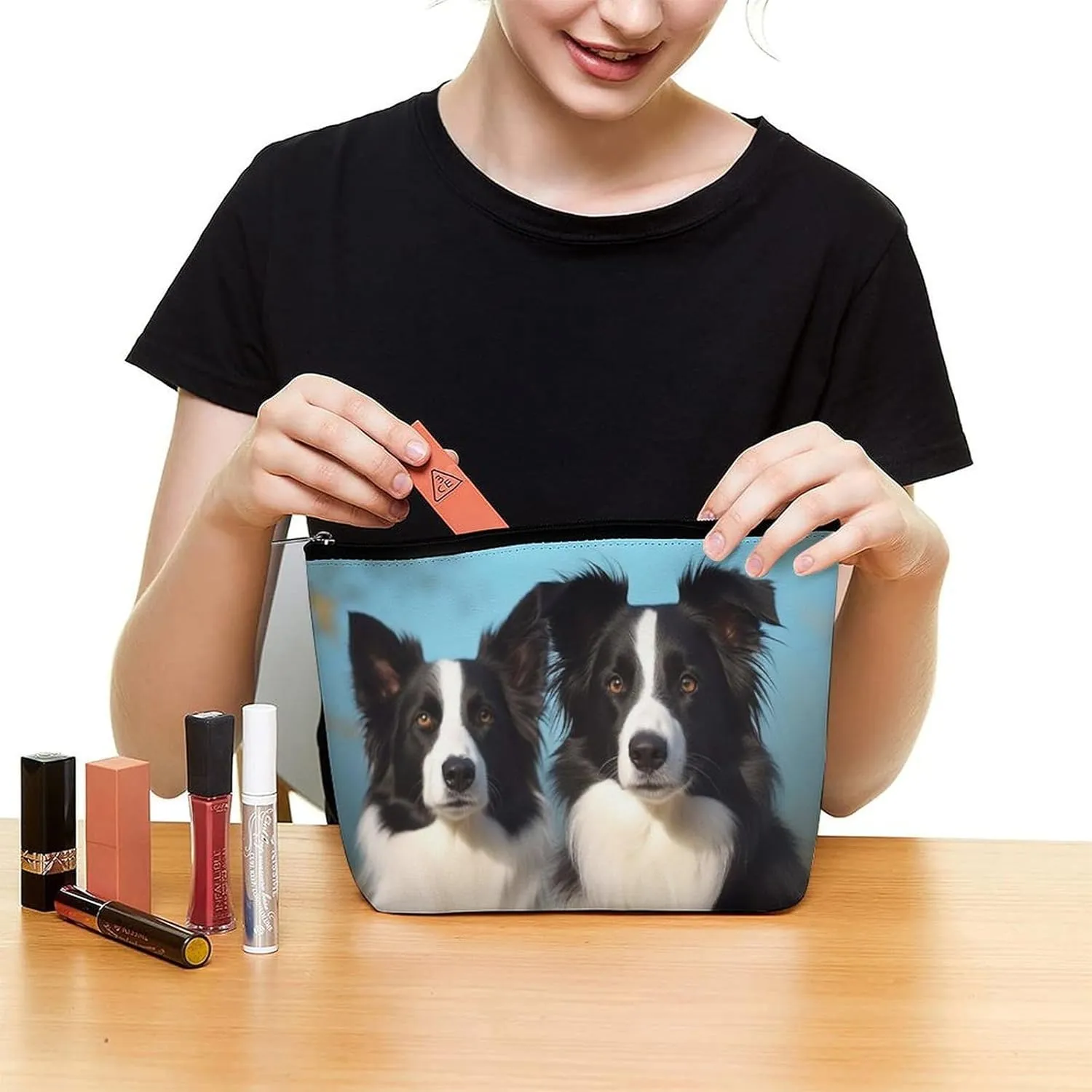 Small Cosmetic Bag Elegant Roomy Border Collie Makeup Bags Portable Zipper Pouch Lipstick Bag Travel Toiletry Bag for Best Friend Gift