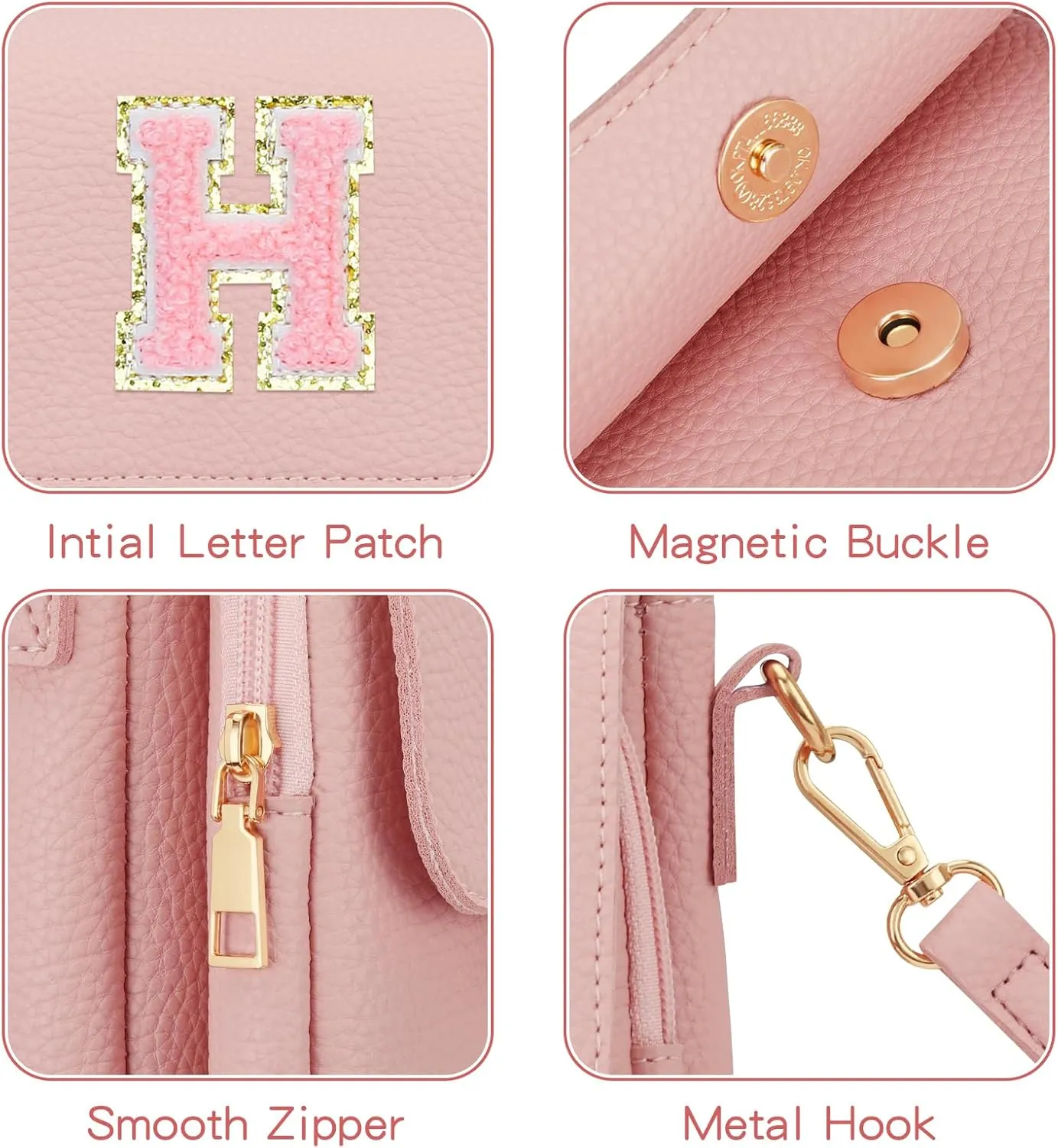 Small Initial Crossbody Bag Vegan Leather Cell Phone (Pink,H)