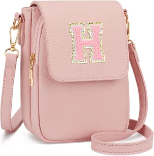 Small Initial Crossbody Bag Vegan Leather Cell Phone (Pink,H)