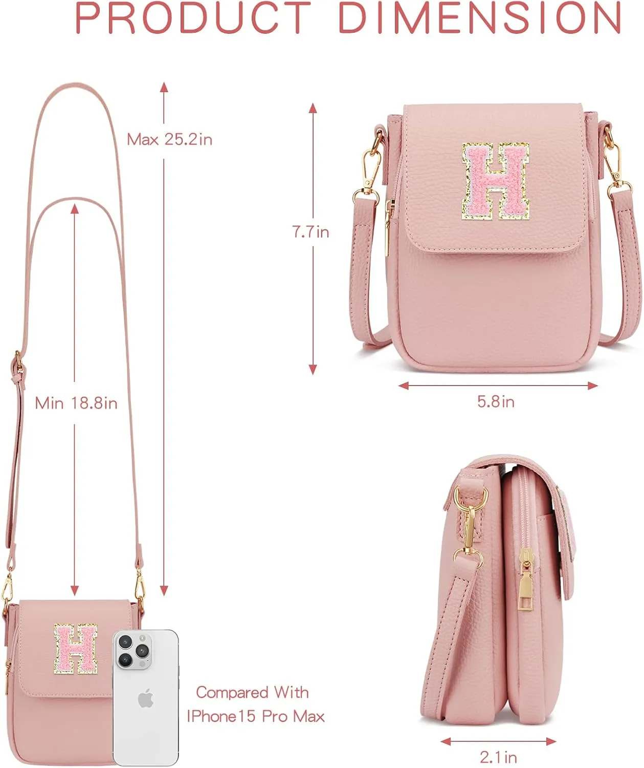 Small Initial Crossbody Bag Vegan Leather Cell Phone (Pink,H)