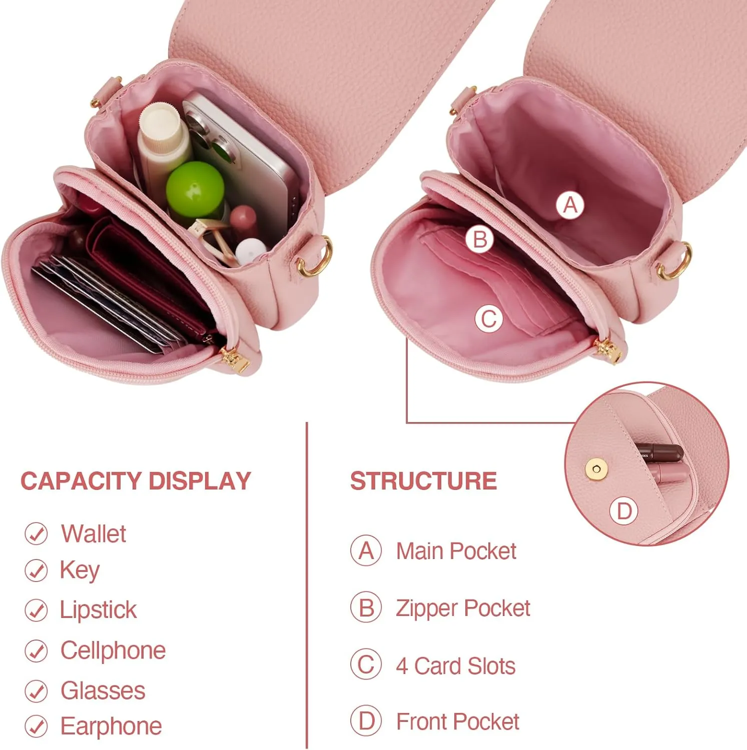 Small Initial Crossbody Bag Vegan Leather Cell Phone (Pink,H)
