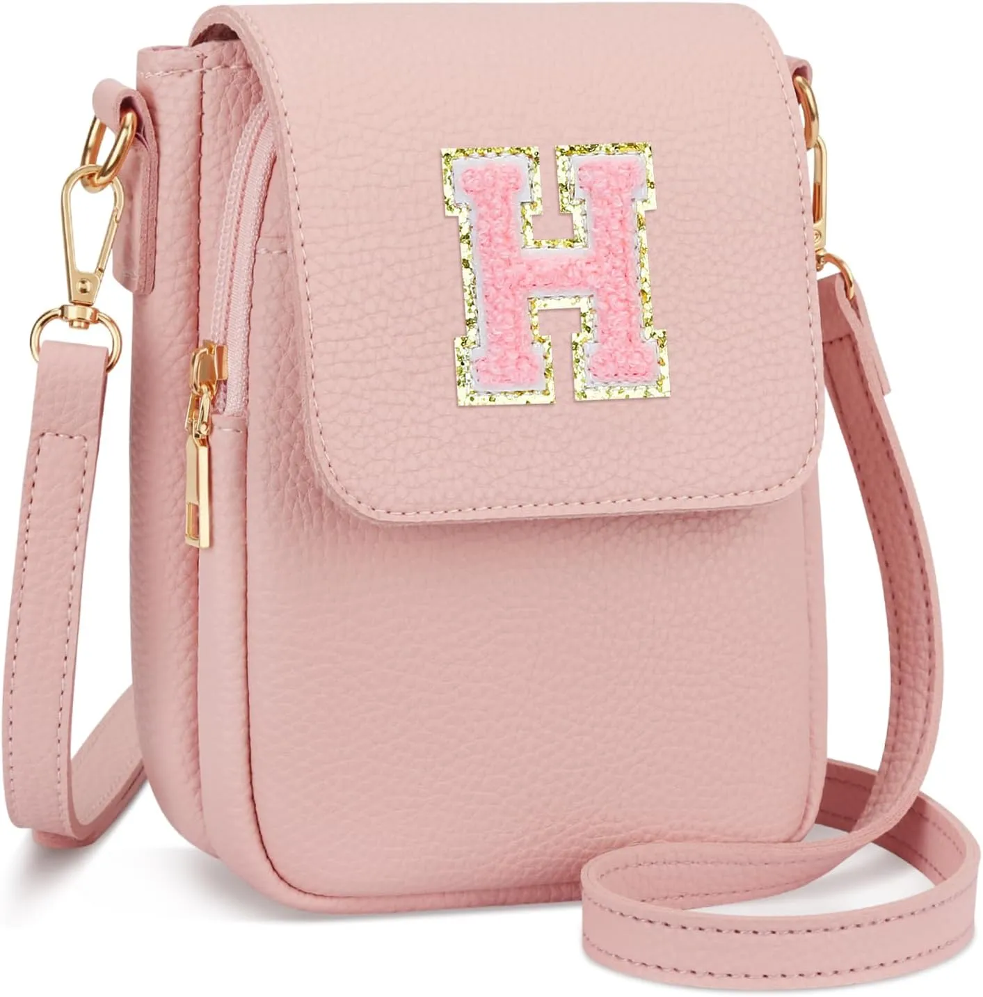 Small Initial Crossbody Bag Vegan Leather Cell Phone (Pink,H)