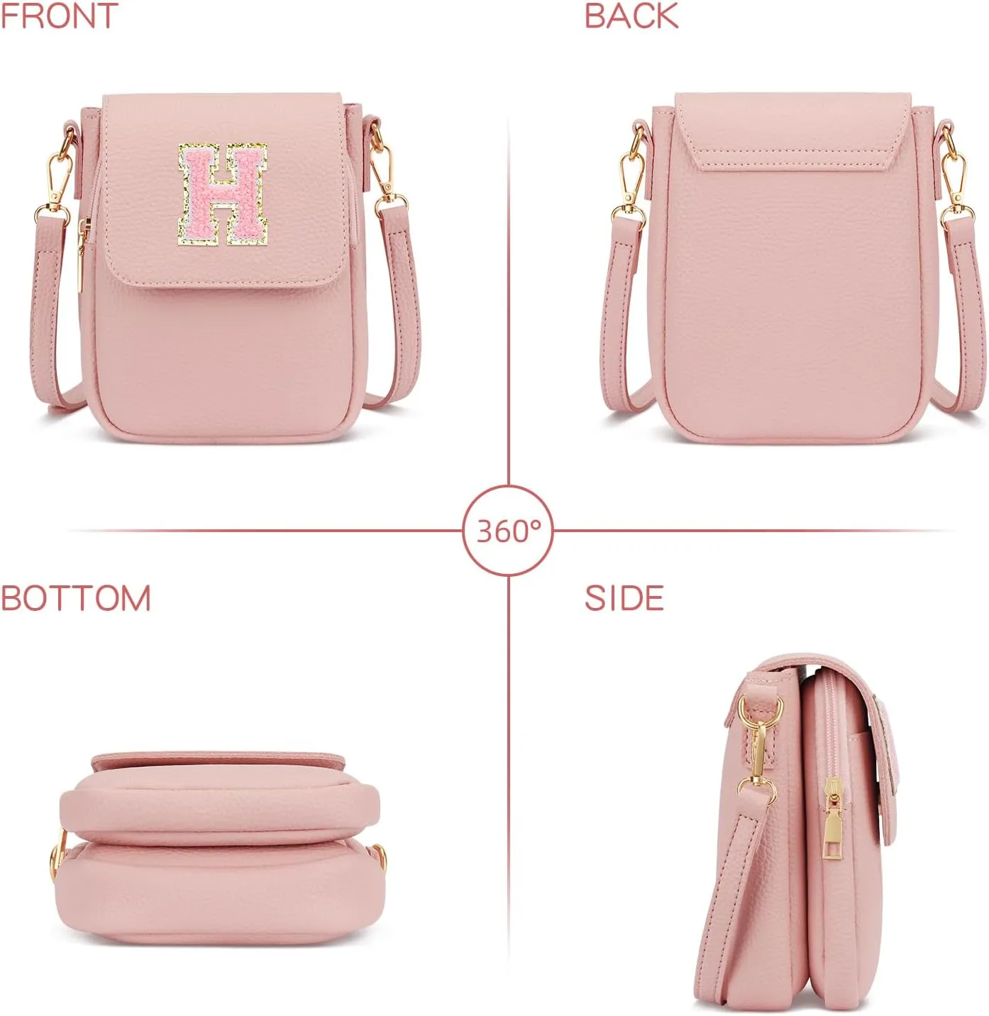Small Initial Crossbody Bag Vegan Leather Cell Phone (Pink,H)