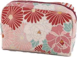 Small Makeup Bag (Retro Flower Red), Made in Japan Japanese Kimono Design,Zipper Cosmetic Travel Toiletry Pouch for Women Girls