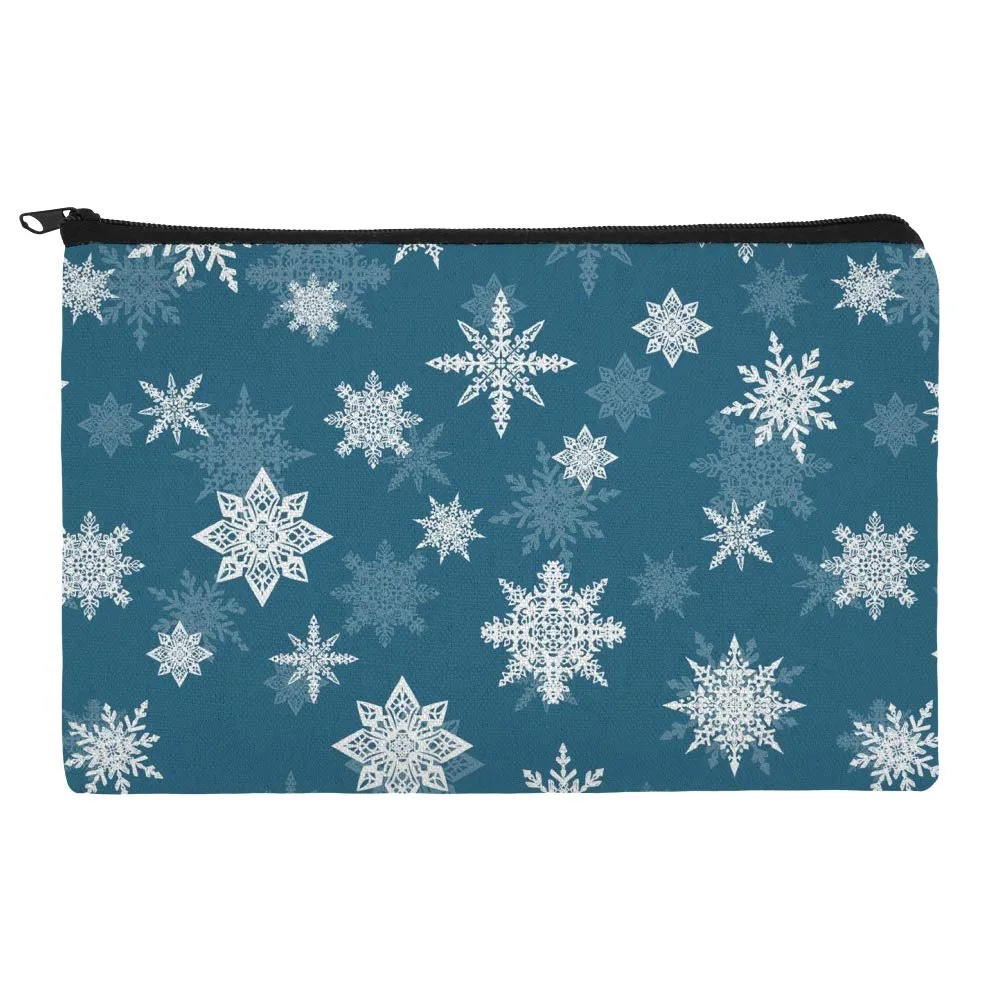 Snowflakes on Blue Tile Pattern Makeup Cosmetic Bag Organizer Pouch