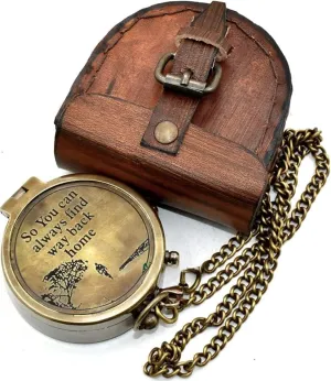 So You Can Always Find Way Back Home Engraved Pocket Compass with Leather Case Romantic Gift Ideas Best Gift for Couple Hiking Compass Camping Compass, Brown Antique