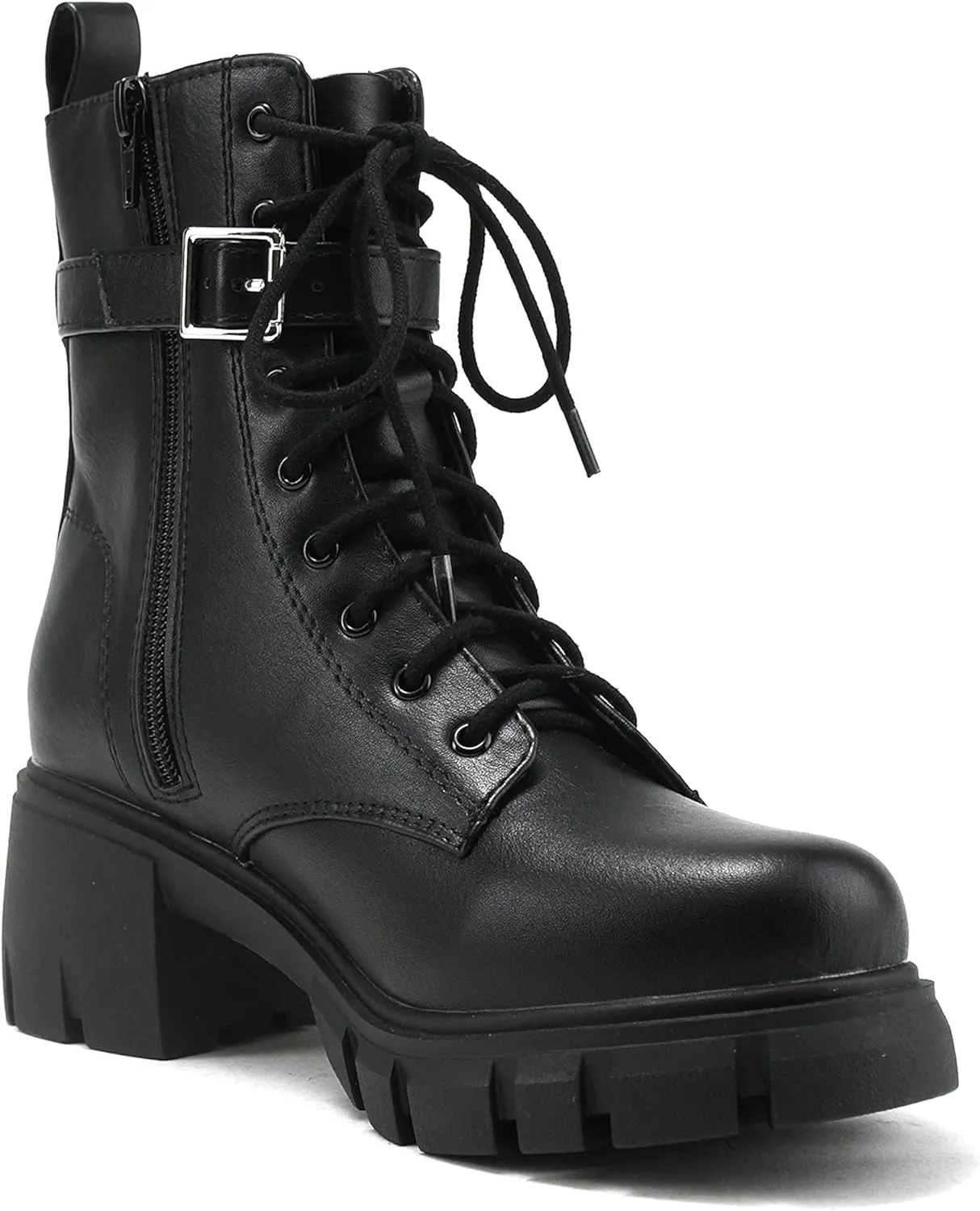 Soda BREACH ~ Women Lug Sole Mid Shaft Chunky Heel Fashion Combat Lace up Bootie W/Side Zipper & Pouch
