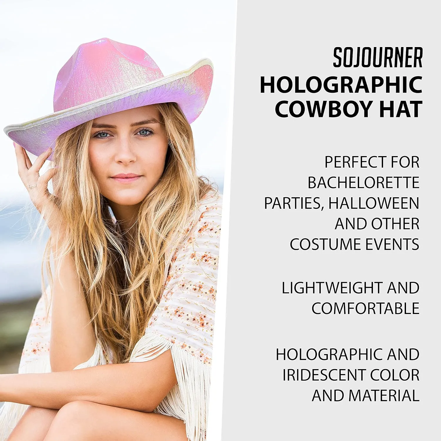 SoJourner Bags Neon Sparkly Glitter Space Cowboy Hat - Fun Metallic Holographic Party Disco Cowgirl Hat