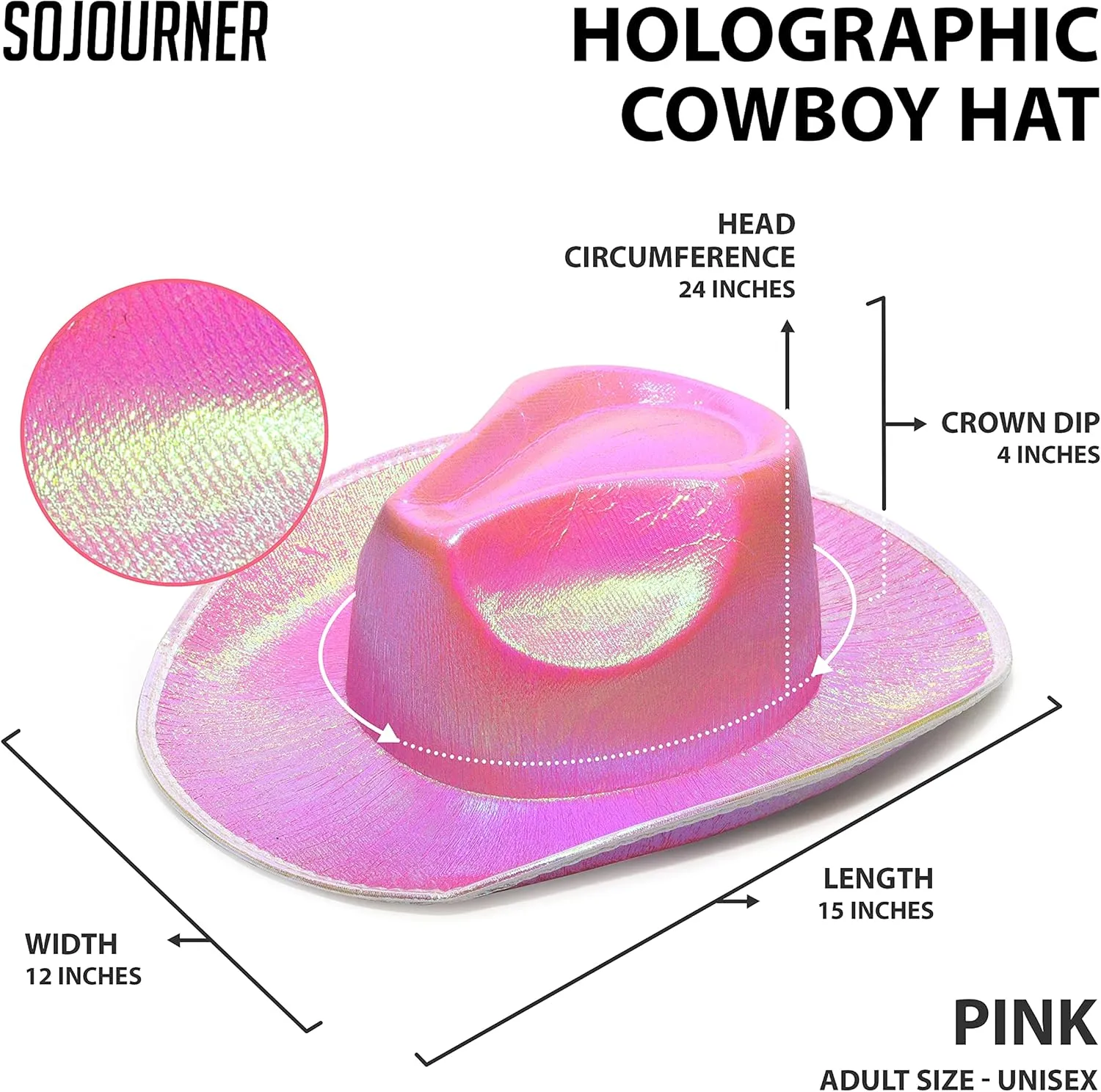 SoJourner Bags Neon Sparkly Glitter Space Cowboy Hat - Fun Metallic Holographic Party Disco Cowgirl Hat