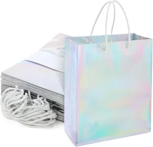 Sparkle and Bash 24 Pack Holographic Silver Gift Bags with Handles, 8x4x10 Inch for Wedding, Birthday, Retail, Small Business, Shopping
