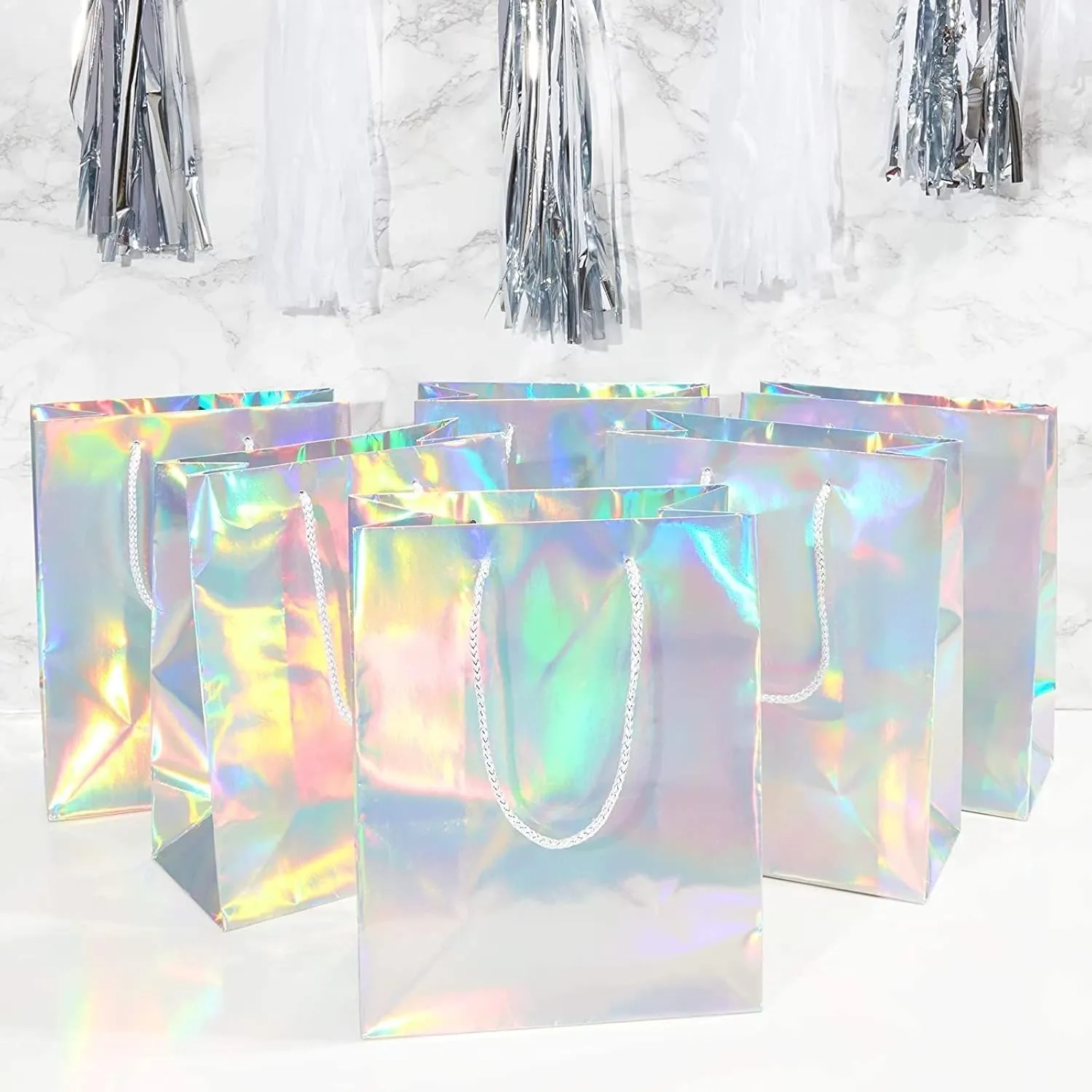 Sparkle and Bash 24 Pack Holographic Silver Gift Bags with Handles, 8x4x10 Inch for Wedding, Birthday, Retail, Small Business, Shopping