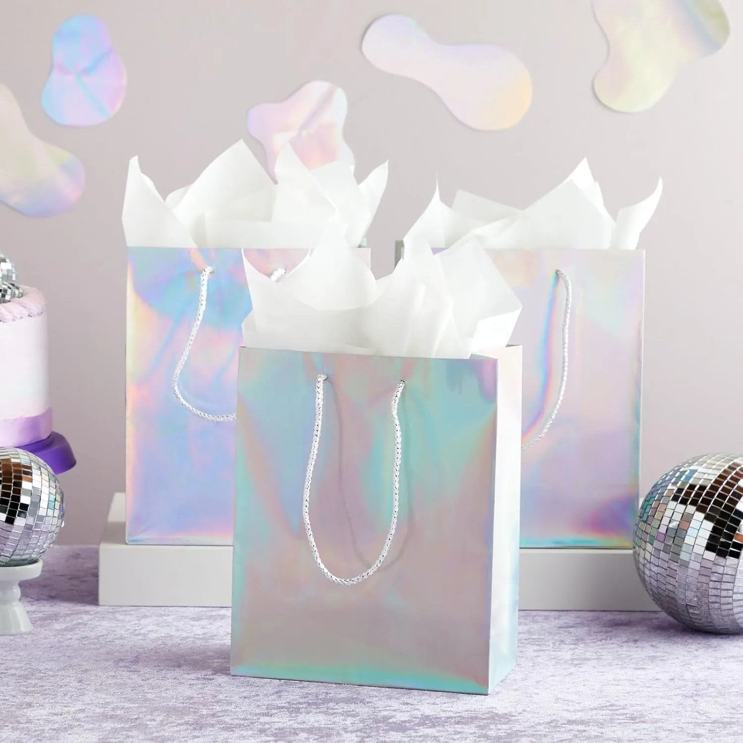 Sparkle and Bash 24 Pack Holographic Silver Gift Bags with Handles, 8x4x10 Inch for Wedding, Birthday, Retail, Small Business, Shopping