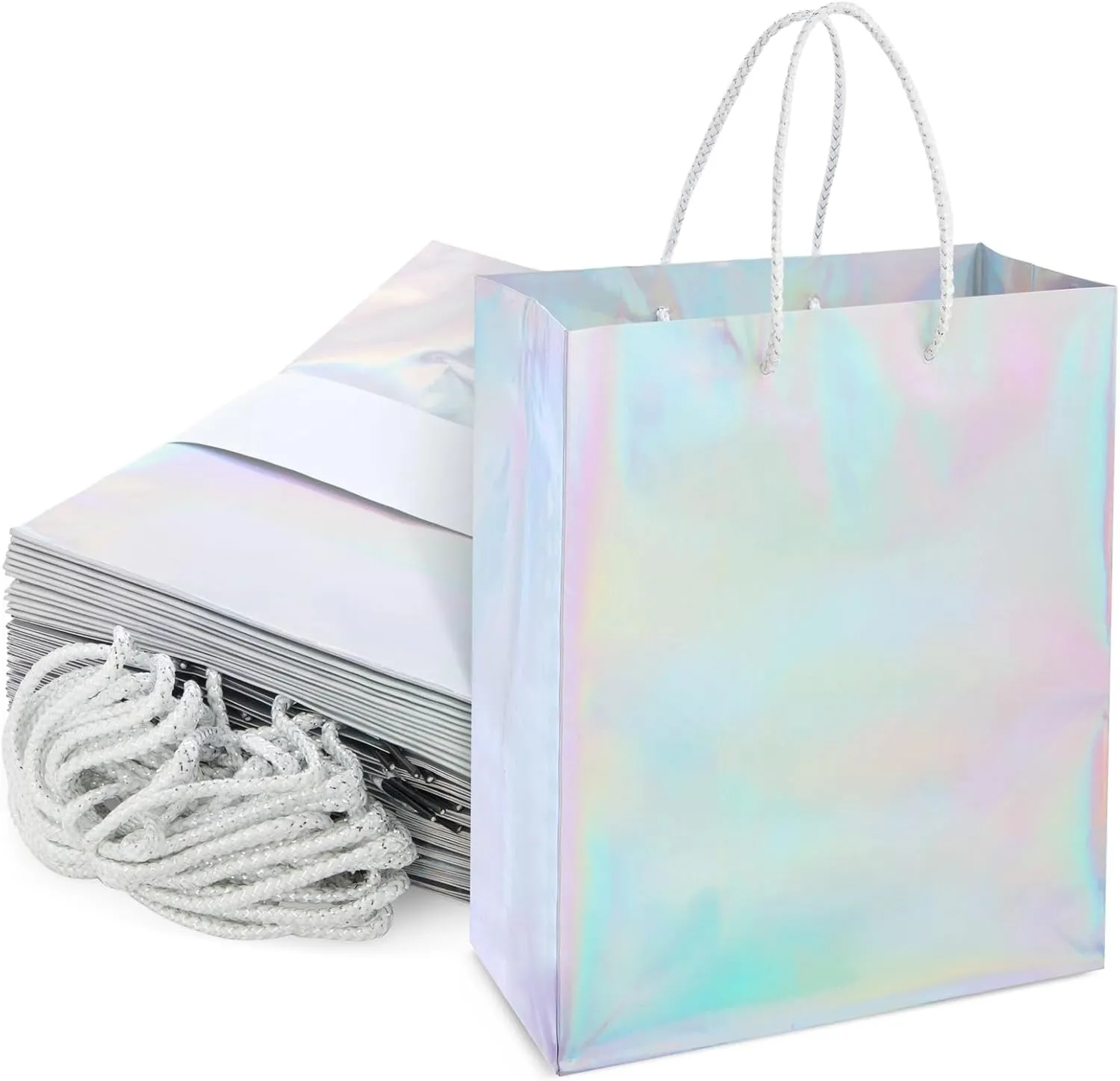 Sparkle and Bash 24 Pack Holographic Silver Gift Bags with Handles, 8x4x10 Inch for Wedding, Birthday, Retail, Small Business, Shopping