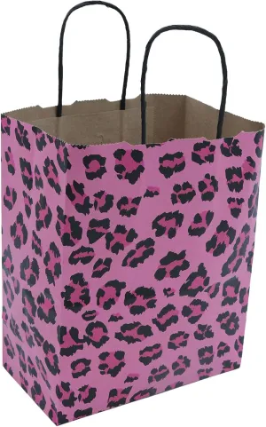 SSWBasics Pink Leopard Paper Shopping Bags (8 ¼”L x 4 ¾”D x 10 ½”H) - Case of 100