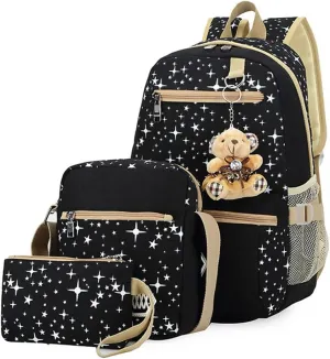 Star Print Backpacks Set for Girls School Elementary, Primary Kids Girls Backpacks School Bags, 3 Pieces, with Crossbody Bag