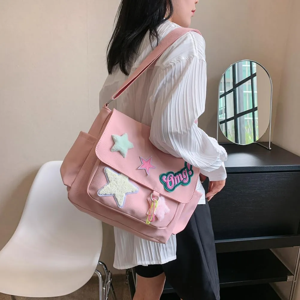 Star Y2k Messenger Bag Cute Canvas Crossbody Bag Kawaii Satchel Bag For Women Aesthetic Multipocket Shoulder Bag