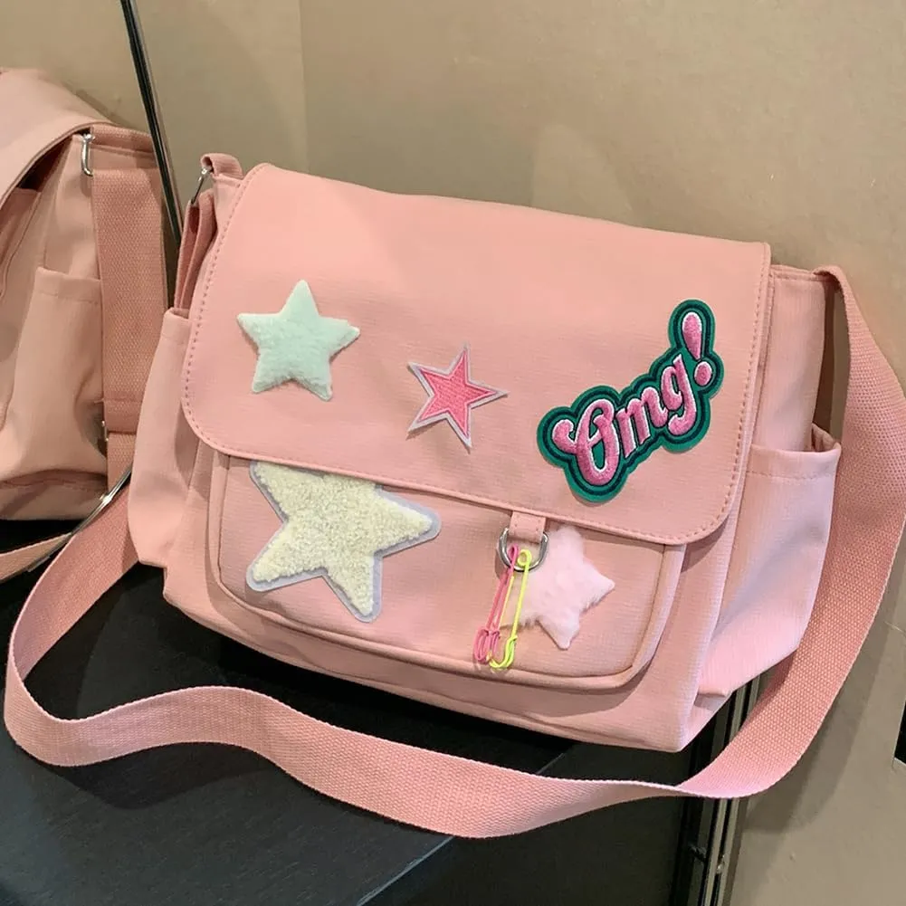 Star Y2k Messenger Bag Cute Canvas Crossbody Bag Kawaii Satchel Bag For Women Aesthetic Multipocket Shoulder Bag