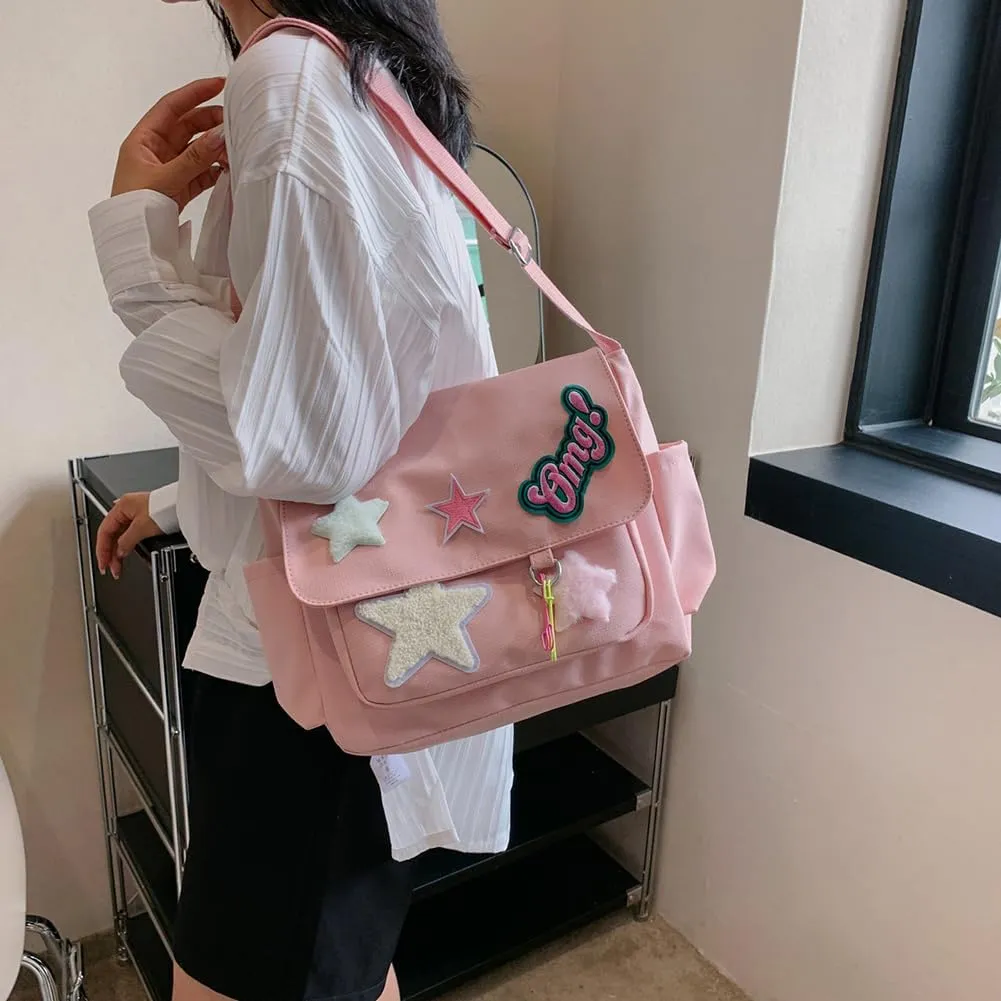Star Y2k Messenger Bag Cute Canvas Crossbody Bag Kawaii Satchel Bag For Women Aesthetic Multipocket Shoulder Bag