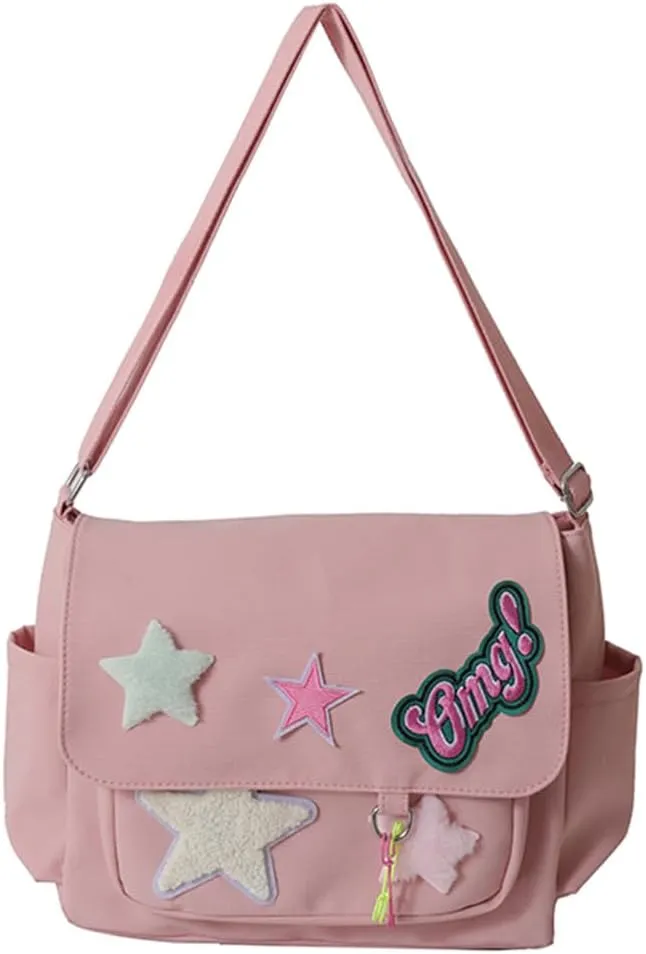 Star Y2k Messenger Bag Cute Canvas Crossbody Bag Kawaii Satchel Bag For Women Aesthetic Multipocket Shoulder Bag