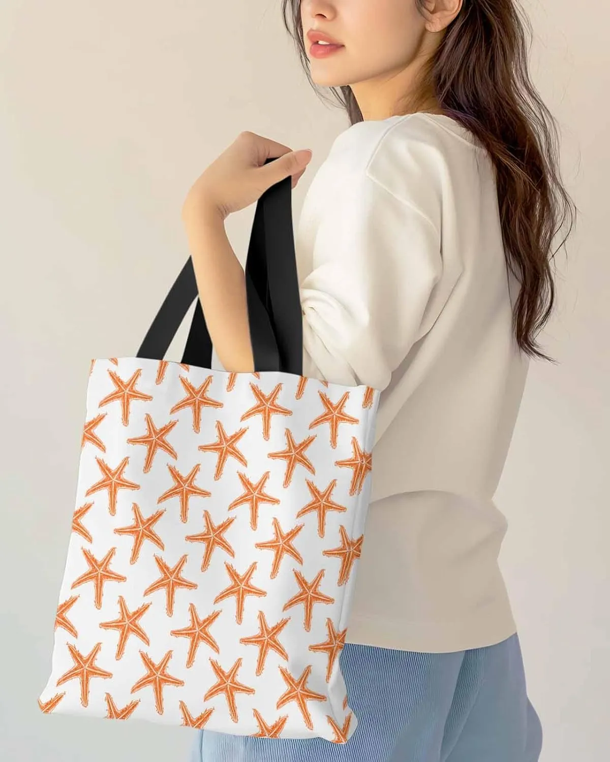 Starfish Canvas Tote Bag Summer Ocean Purple Starfish Shoulder Bag Casual Bag with Inner Pocket for Shopping Grocery Work