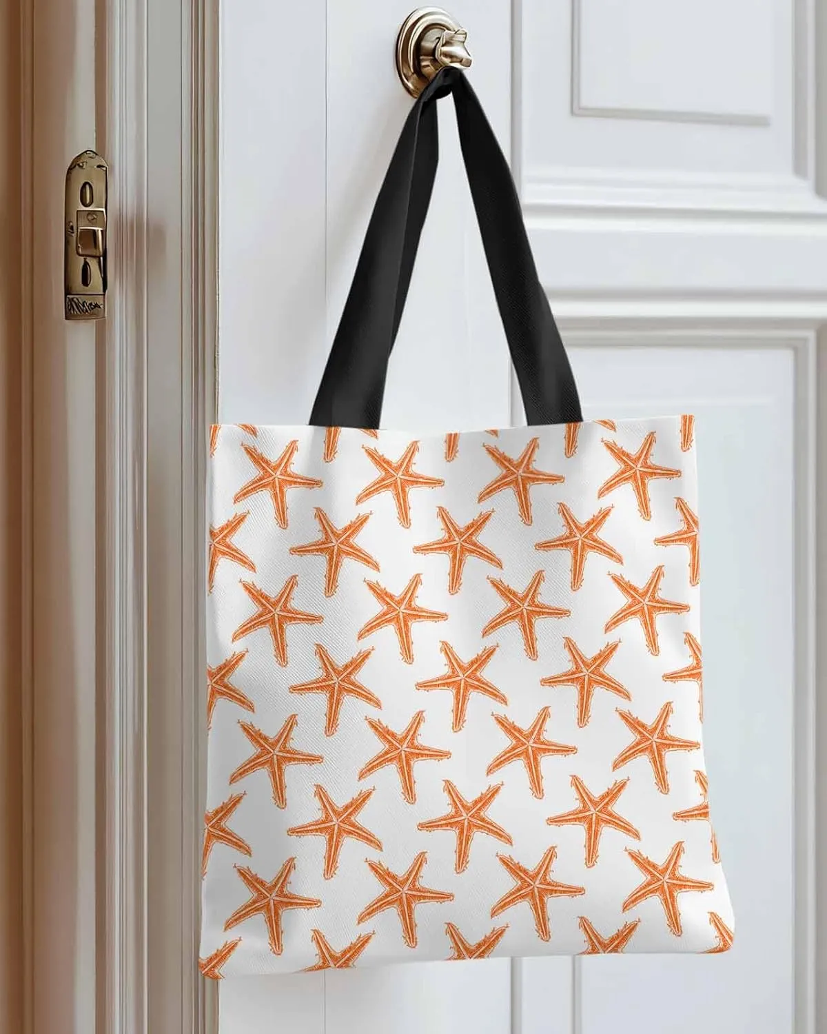 Starfish Canvas Tote Bag Summer Ocean Purple Starfish Shoulder Bag Casual Bag with Inner Pocket for Shopping Grocery Work