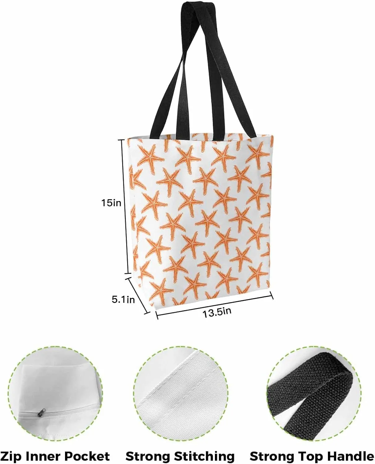 Starfish Canvas Tote Bag Summer Ocean Purple Starfish Shoulder Bag Casual Bag with Inner Pocket for Shopping Grocery Work
