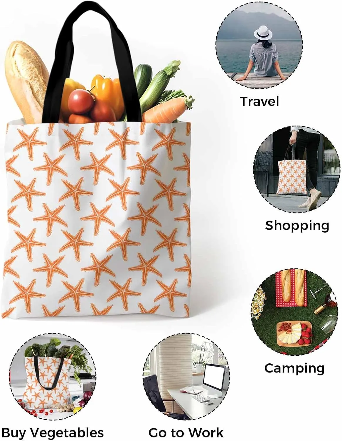Starfish Canvas Tote Bag Summer Ocean Purple Starfish Shoulder Bag Casual Bag with Inner Pocket for Shopping Grocery Work