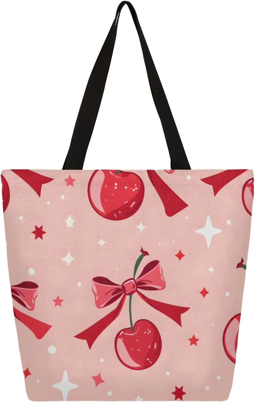 Stars Cherries Large Capacity Canvas Tote Bag Stylish Handheld Shoulder Bag Reusable Shopping Bag for Work Travel Beach Trips Shopping