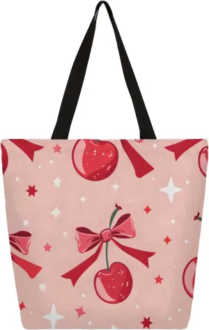 Stars Cherries Large Capacity Canvas Tote Bag Stylish Handheld Shoulder Bag Reusable Shopping Bag for Work Travel Beach Trips Shopping
