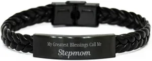 Stepmom Braided Leather Bracelet, My Greatest Blessings Call Me Stepmom Sentimental Heartfelt Christmas Birthday Engraved Gifts for Men Women