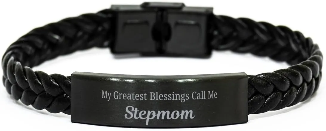 Stepmom Braided Leather Bracelet, My Greatest Blessings Call Me Stepmom Sentimental Heartfelt Christmas Birthday Engraved Gifts for Men Women