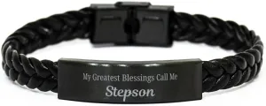 Stepson Braided Leather Bracelet, My Greatest Blessings Call Me Stepson Sentimental Heartfelt Christmas Birthday Engraved Gifts for Men Women