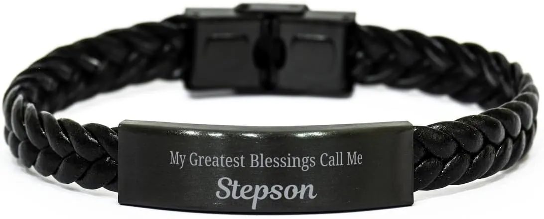 Stepson Braided Leather Bracelet, My Greatest Blessings Call Me Stepson Sentimental Heartfelt Christmas Birthday Engraved Gifts for Men Women
