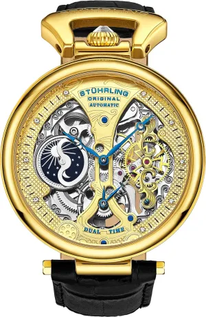 Stührling Original Mens Skeleton Watch Dial Automatic Watch with Calfskin Leather Band and - Dual Time, AM/PM Sun Moon