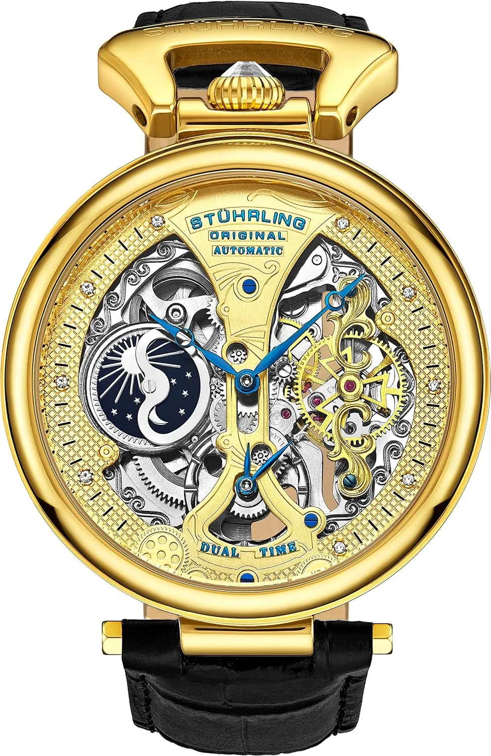 Stührling Original Mens Skeleton Watch Dial Automatic Watch with Calfskin Leather Band and - Dual Time, AM/PM Sun Moon