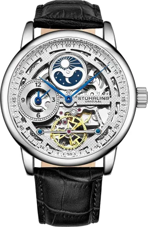 Stührling Original Mens Skeleton Watch Silver Analog Watch Dial Mens Automatic Watch - Dual Time, AM/PM Sun Moon, Genuine Leather Band, 3917 Mens Watches Collection