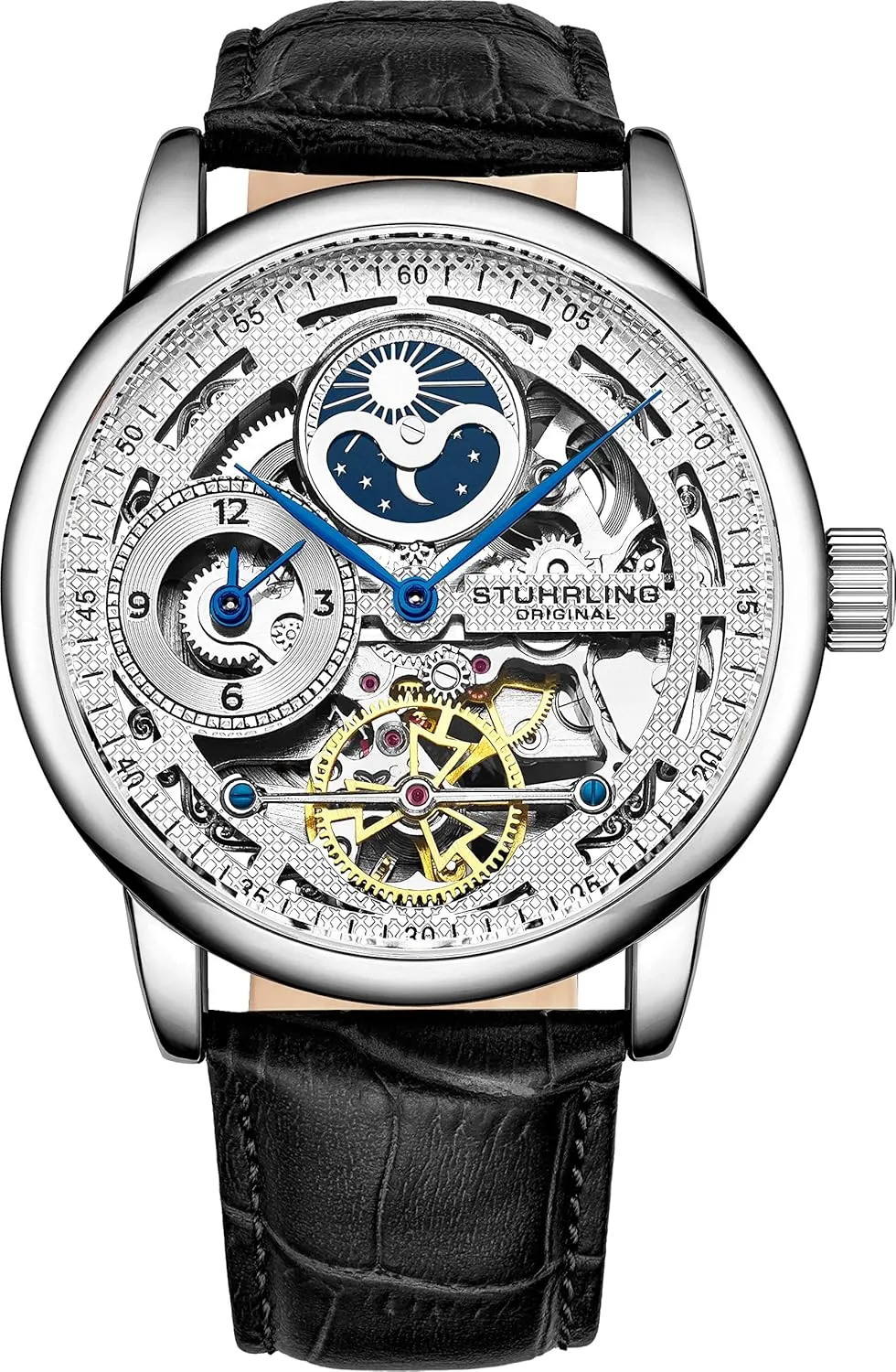 Stührling Original Mens Skeleton Watch Silver Analog Watch Dial Mens Automatic Watch - Dual Time, AM/PM Sun Moon, Genuine Leather Band, 3917 Mens Watches Collection