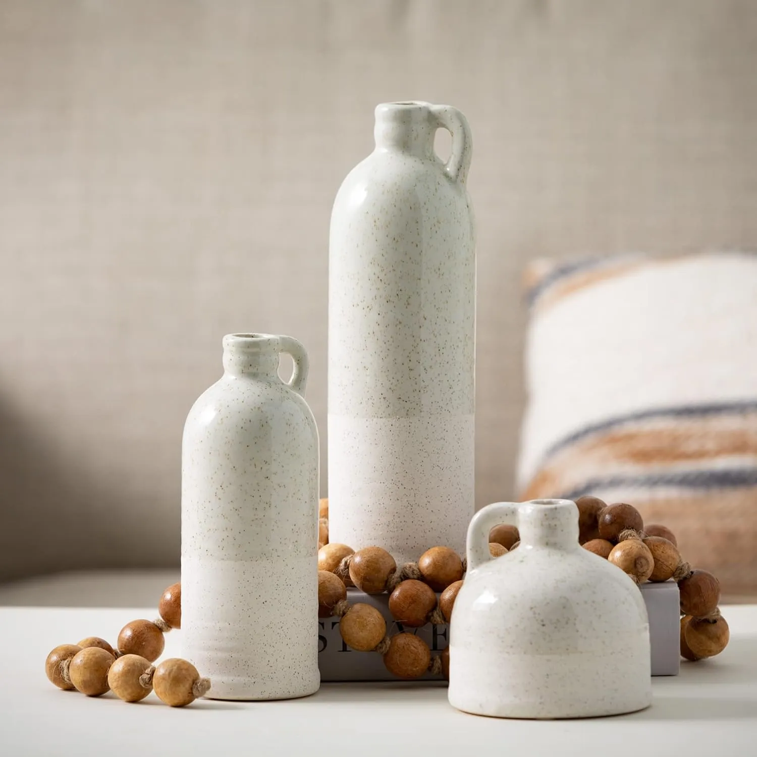 Sullivans Modern Farmhouse Distressed Two-Toned White Small Ceramic Jug Set of Three (3), 4, 7.5, 10” Tall, Crackled Finish Faux Floral Jugs, Distressed Decoration