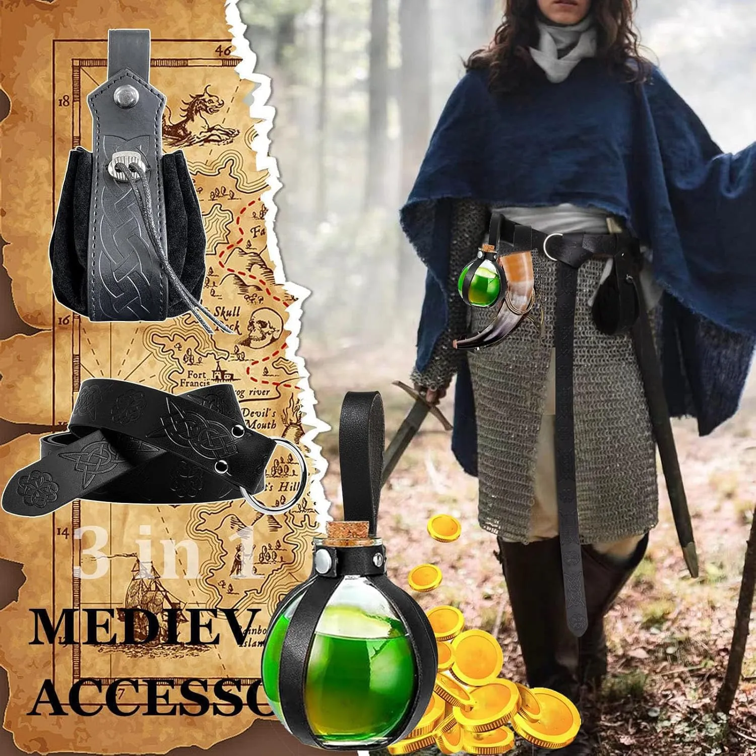 SUMGOGO 4 Pcs Halloween Renaissance Belt Pouch Witch Bottle Skirt Hikes Medieval Viking Pirate Leather Belt Costume Set