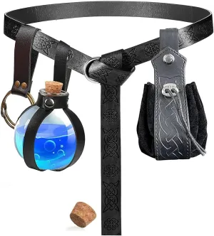 SUMGOGO 4 Pcs Halloween Renaissance Belt Pouch Witch Bottle Skirt Hikes Medieval Viking Pirate Leather Belt Costume Set