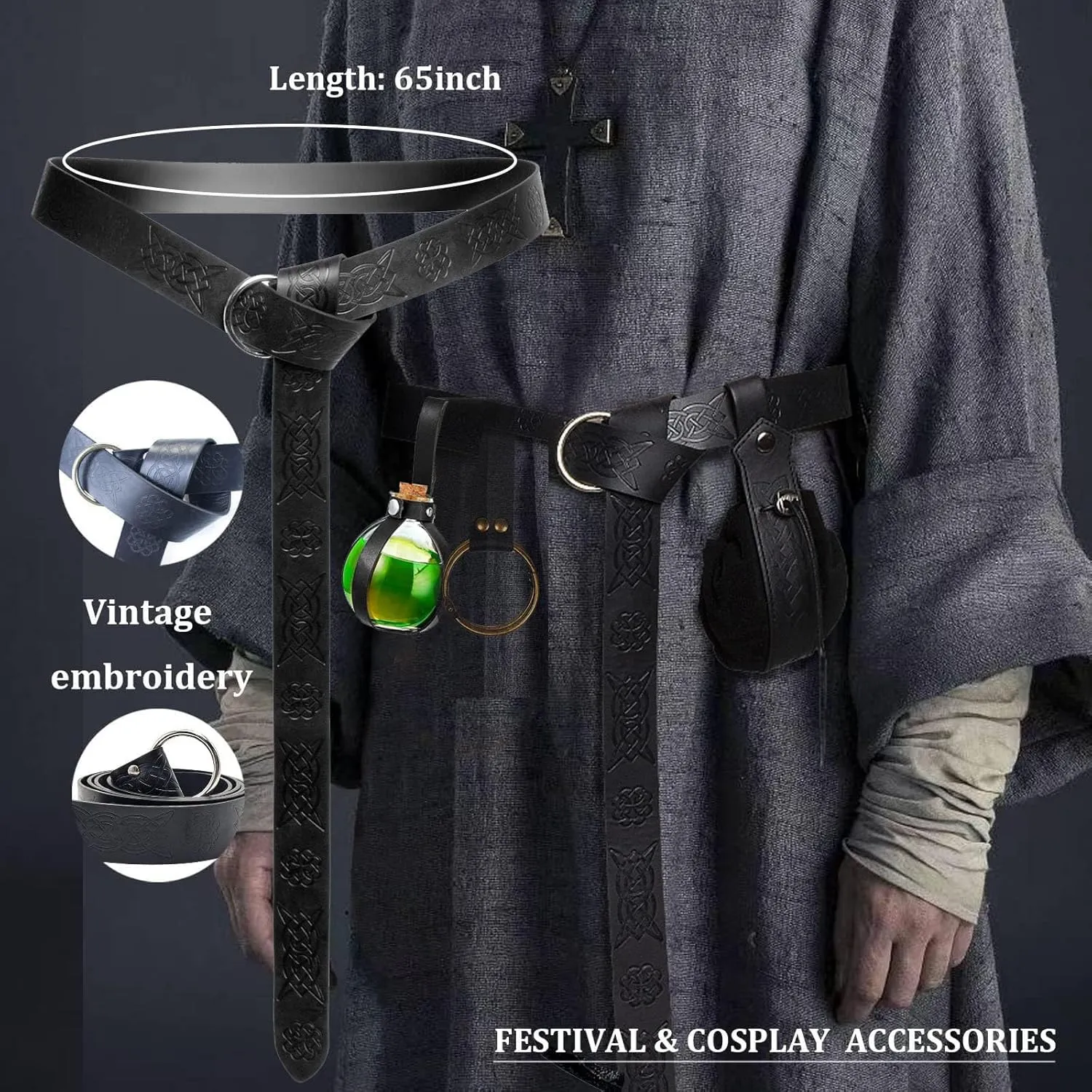 SUMGOGO 4 Pcs Halloween Renaissance Belt Pouch Witch Bottle Skirt Hikes Medieval Viking Pirate Leather Belt Costume Set