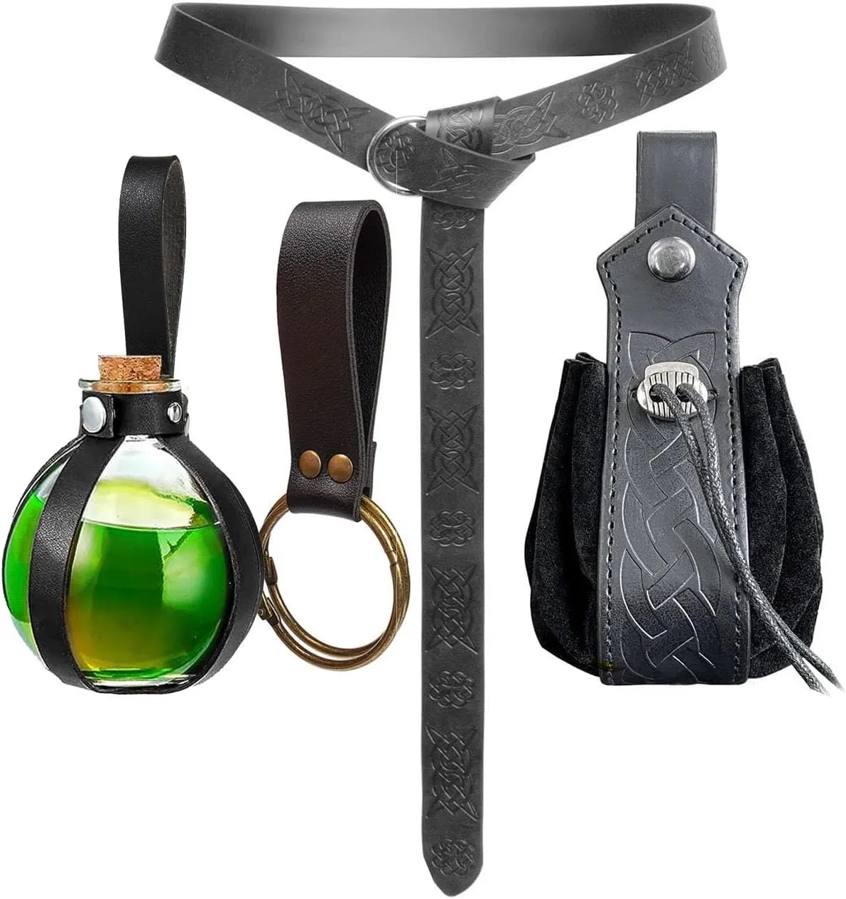 SUMGOGO 4 Pcs Halloween Renaissance Belt Pouch Witch Bottle Skirt Hikes Medieval Viking Pirate Leather Belt Costume Set