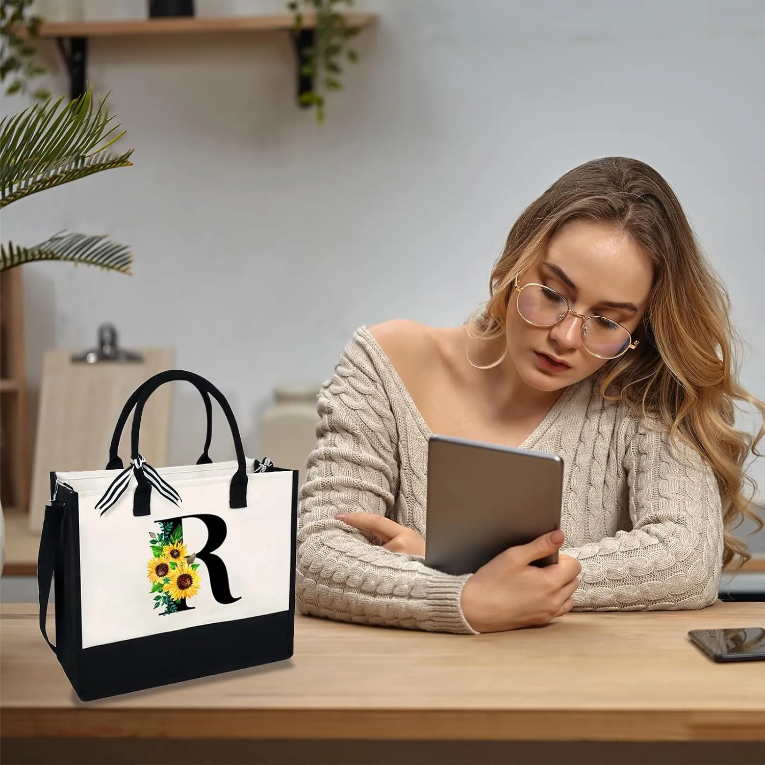 Sunflower Tote with Zipper Pocket, 13oz Monogram Tote Bags for Women, Birthday, Christmas, Teacher Gifts