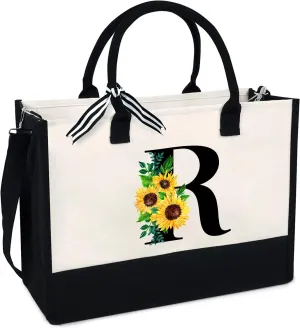 Sunflower Tote with Zipper Pocket, 13oz Monogram Tote Bags for Women, Birthday, Christmas, Teacher Gifts
