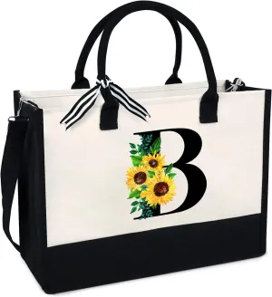 Sunflower Tote with Zipper Pocket, 13oz Monogram Tote Bags for Women, Birthday, Christmas, Teacher Gifts