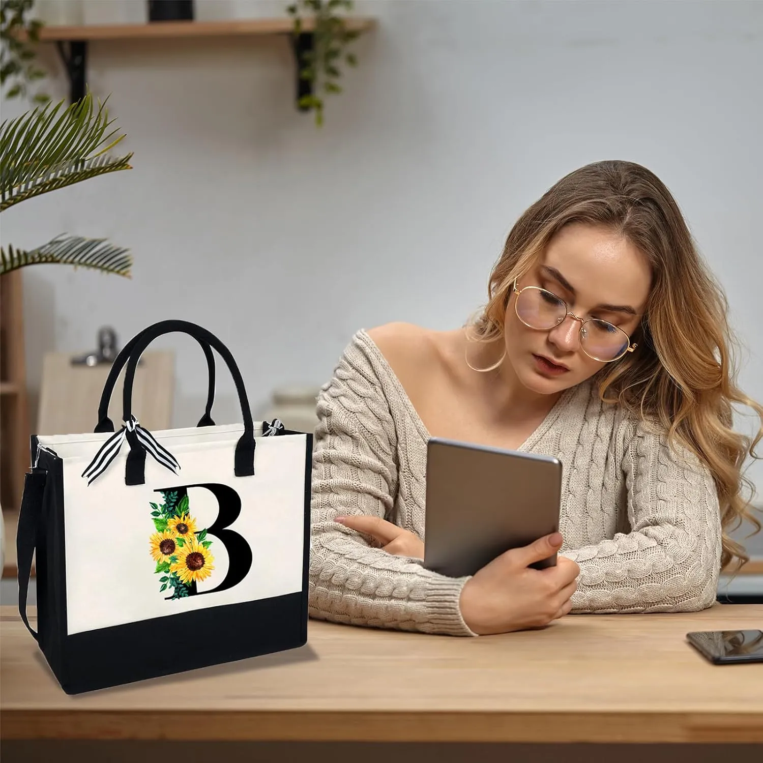 Sunflower Tote with Zipper Pocket, 13oz Monogram Tote Bags for Women, Birthday, Christmas, Teacher Gifts