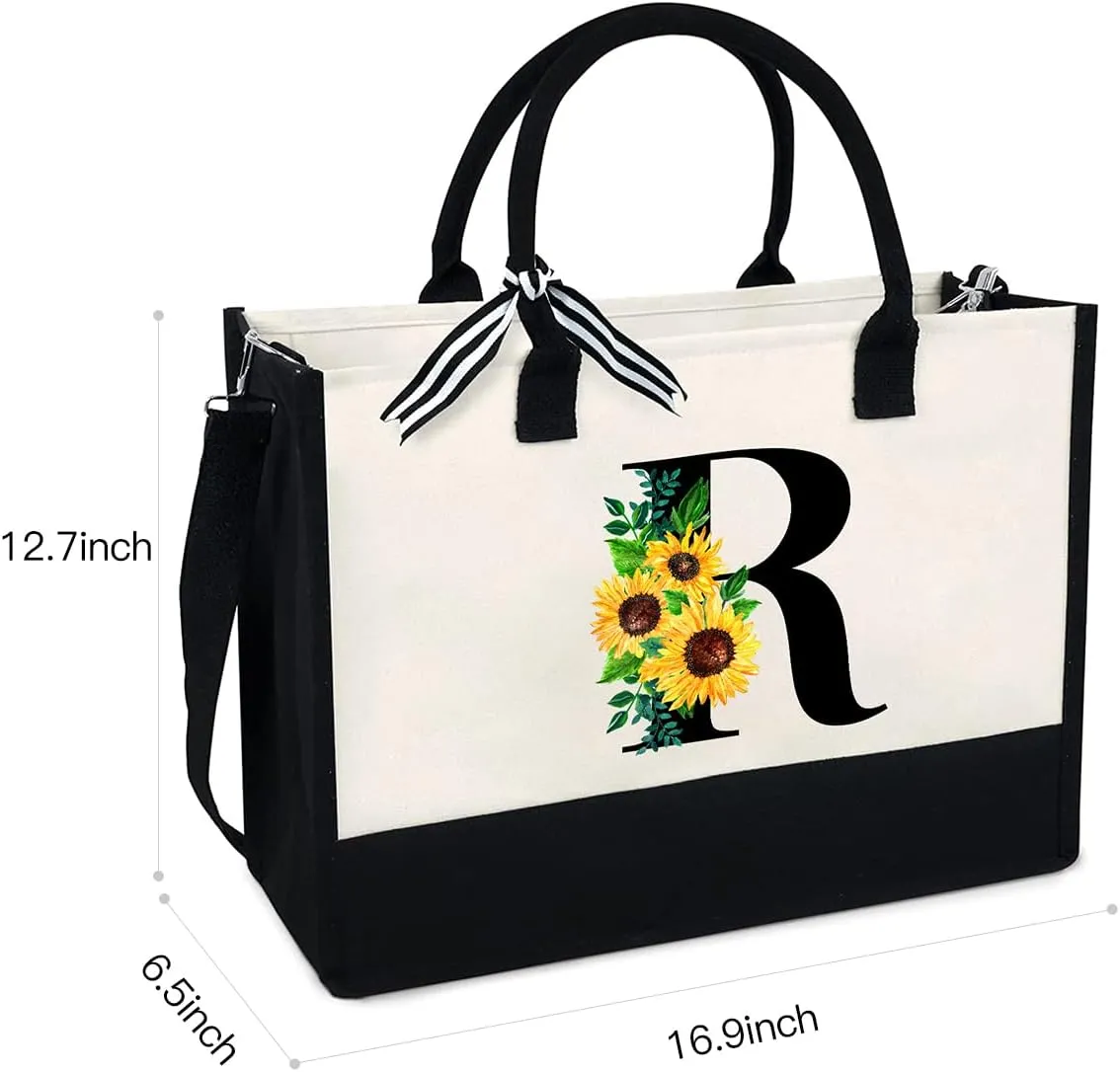 Sunflower Tote with Zipper Pocket, 13oz Monogram Tote Bags for Women, Birthday, Christmas, Teacher Gifts